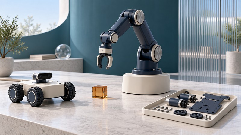 A navy articulated robot arm, an ivory wheeled rover and a tray of robot-building parts on an architectural display bench.