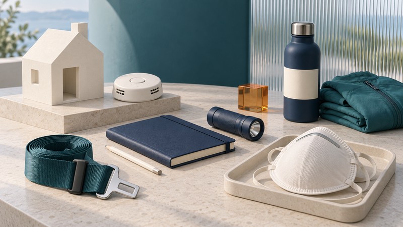 A house model, smoke alarm, planning notebook, flashlight, seat-belt webbing and unused respirator arranged beside outdoor supplies.