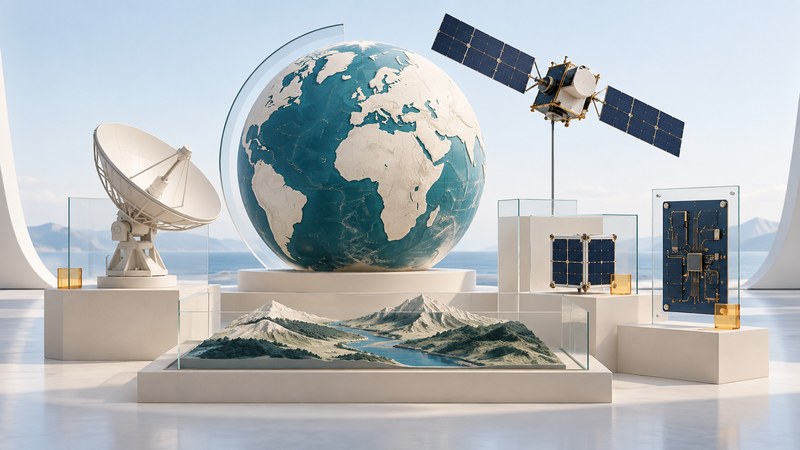 An Earth globe, satellite, ground dish, CubeSat, circuit board and river terrain model arranged on ivory plinths.
