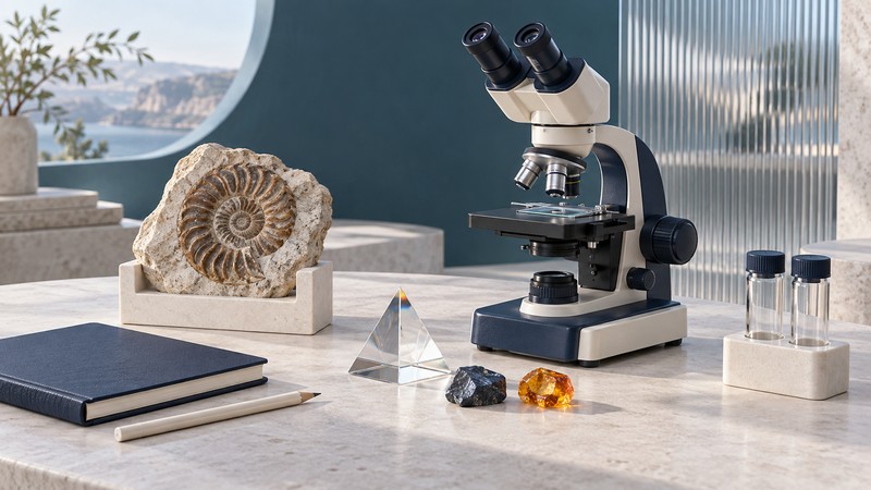 A binocular microscope, spiral fossil, glass model, material samples and research notebook on an ivory study bench.