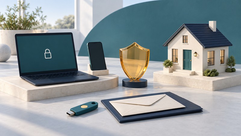 A navy laptop and phone beside an ivory house model, amber glass shield, teal security key and closed document envelope.