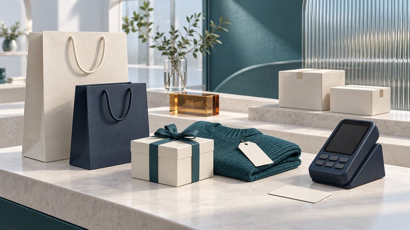 Ivory and navy shopping bags, a gift parcel, a folded teal garment and a payment terminal on an ivory retail counter.