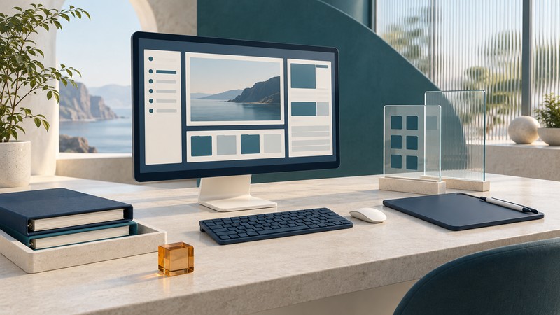 A desktop display with abstract application panels beside a drawing tablet, organized folders and glass tiles on an ivory desk.