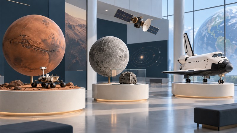 Separate museum displays representing Mars exploration, lunar science and Space Shuttle history.