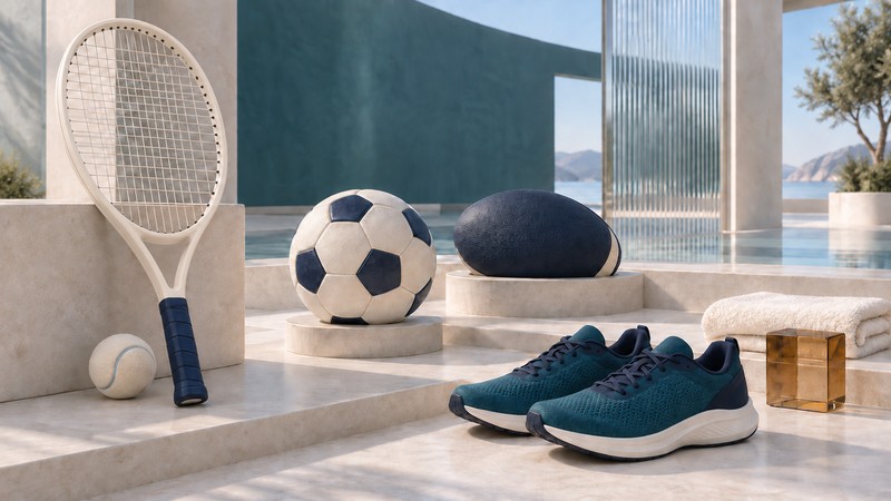 An ivory tennis racket, football, navy rugby ball and teal running shoes arranged on pale architectural steps.