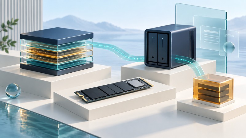 Layered flash memory, an SSD, a shared-storage enclosure, and a separate archive block on ivory platforms.