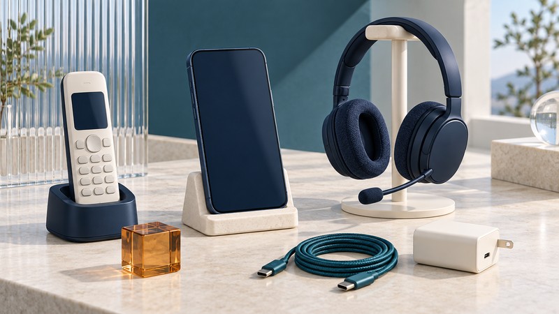 A smartphone, cordless handset and communications headset beside a coiled charging cable and wall charger on an ivory desk.