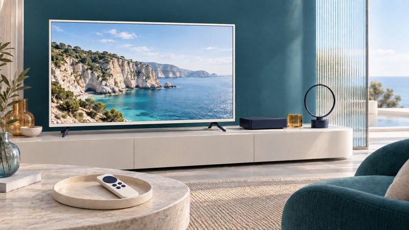 A widescreen television showing coastal cliffs beside a receiver and loop antenna, with a remote on an ivory tray.