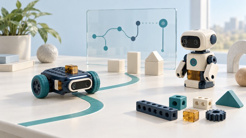 Conceptual wheeled robot on a teal route beside an upright toy robot, building pieces and a glass panel of connected dots.