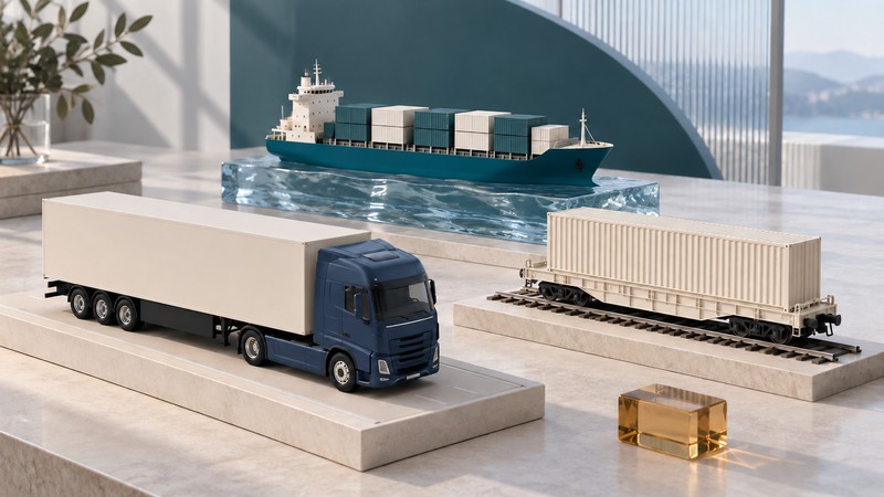 Miniature truck, container railcar and cargo ship displayed on separate ivory and glass platforms.