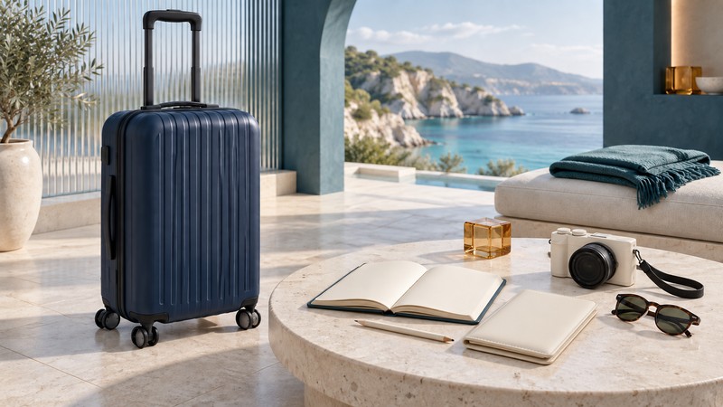 A navy carry-on suitcase beside an open planning notebook, camera, document wallet and sunglasses in a coastal lounge.
