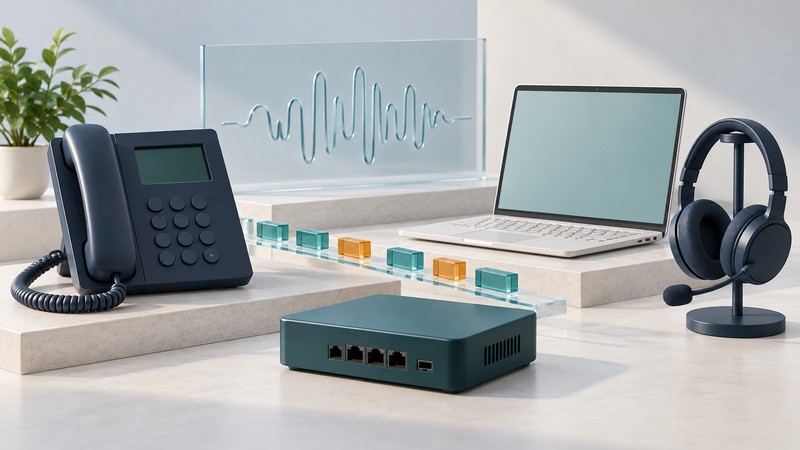 A navy desk phone, laptop, headset and teal network gateway beside glass packet tiles and a sculpted voice waveform.