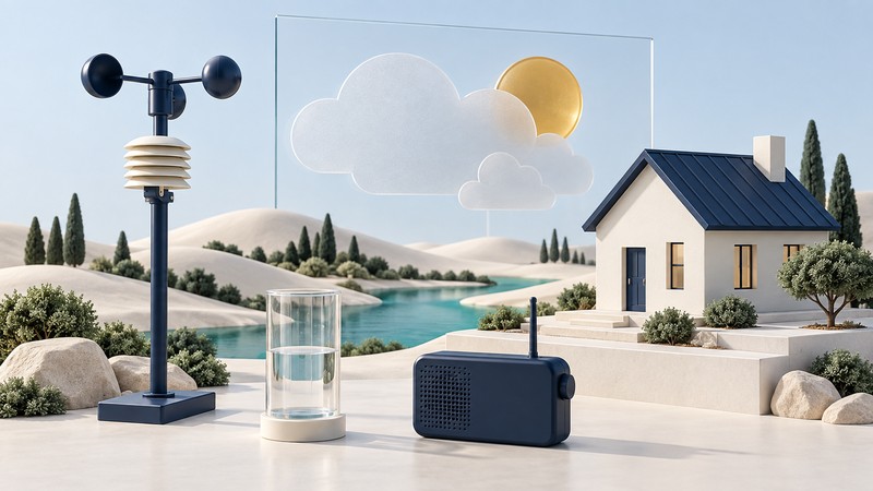 A weather station, clear rain gauge and navy radio beside an ivory house model, with glass cloud and amber sun motifs.