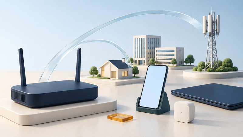 A navy router, phone, sensor and laptop beside miniature homes, offices and a cellular tower, linked by conceptual glass arcs.