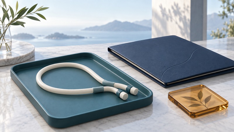 An abstract capped tube on a teal tray beside a care folder.