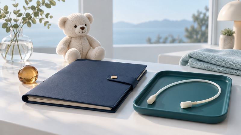 A small ivory teddy bear beside a care folder and a separate capped tube on a tray.