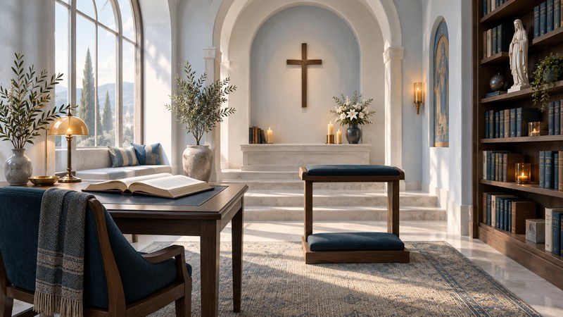 Quiet chapel reading alcove with books, a kneeler, and a cross