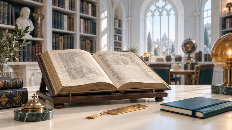 An old book on a reading stand beside a notebook