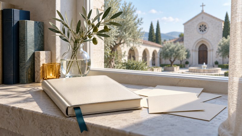 A journal and note cards with an olive branch beside a sunlit courtyard
