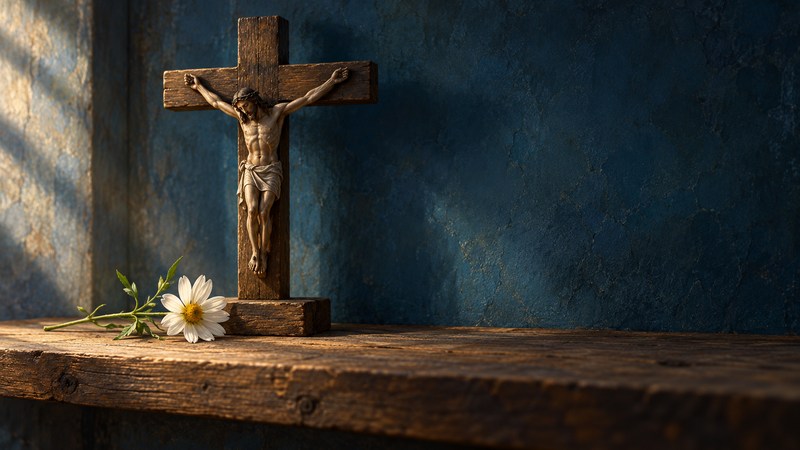 A single white flower lies beside a wooden crucifix on a plain shelf.