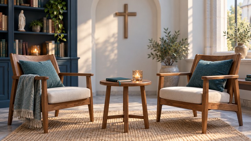 Two chairs beside a small table and candle in a peaceful chapel