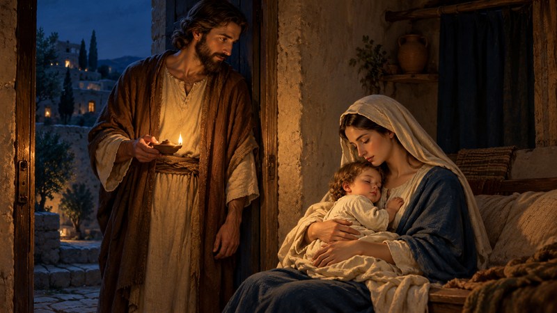 Joseph holds a small oil lamp at a doorway beside Mary and the sleeping child Jesus.