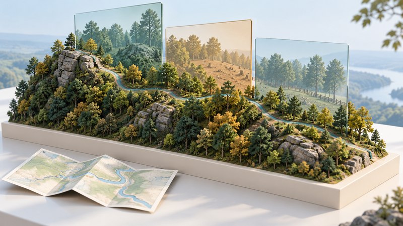 A miniature wooded ridge with a teal path, glass panels and a folded map on an ivory base.
