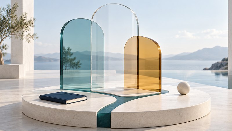 Clear, teal and amber glass panels overlap above an ivory base with a branching teal path and a closed notebook.