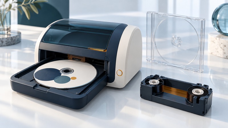 A conceptual desktop disc printer beside a ribbon cassette and disc case.