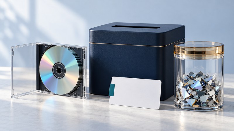 Intact optical discs beside a closed collection container, a blank authorization card and a sealed jar of disc fragments.