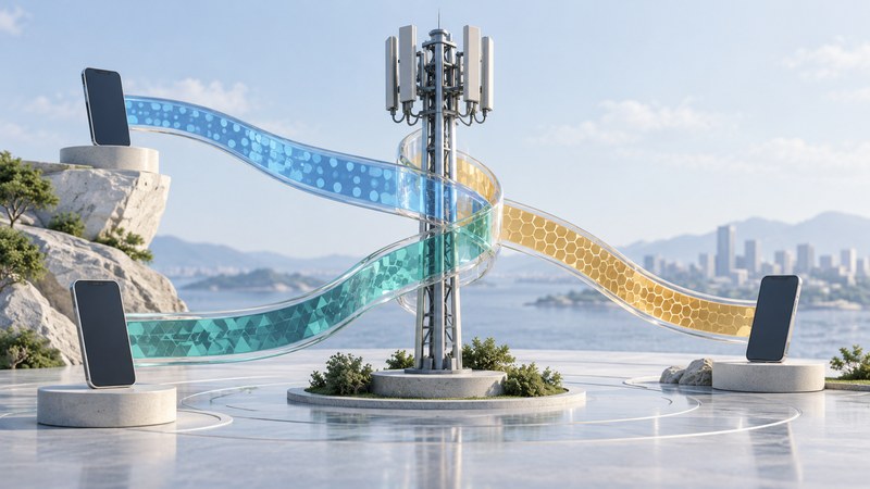 Small handsets and a tower with overlapping patterned ribbons in a glass channel.
