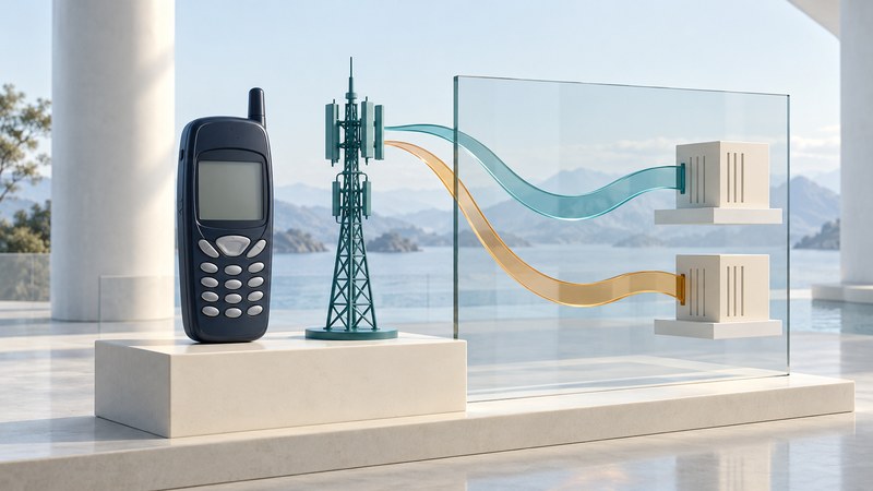 A navy feature phone and teal cellular mast beside separate teal and amber paths mounted on a glass panel.