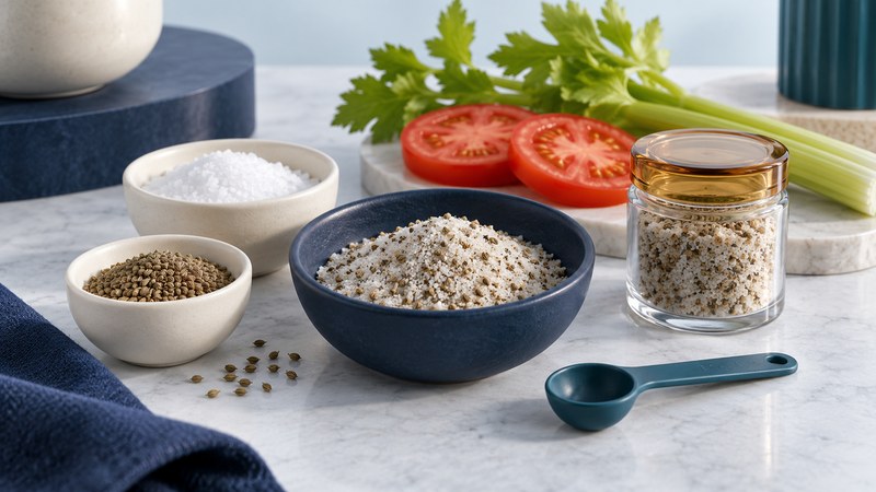 Separate bowls of white salt and small ribbed celery seeds beside a mixed seasoning, a closed jar and a teal spoon, with tomato and celery behind.