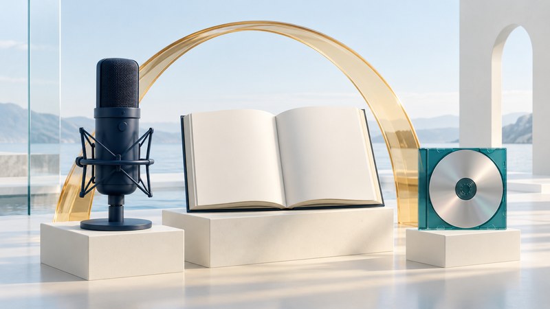 A navy microphone, open blank photography book and silver CD in a teal case stand beneath an amber glass arch.