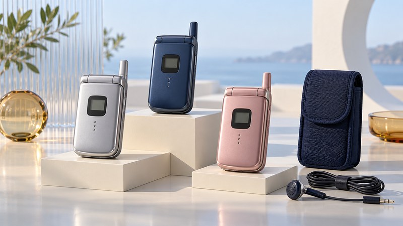 Silver, navy, and rose clamshell phones beside a navy carrying pouch and wired earpiece.
