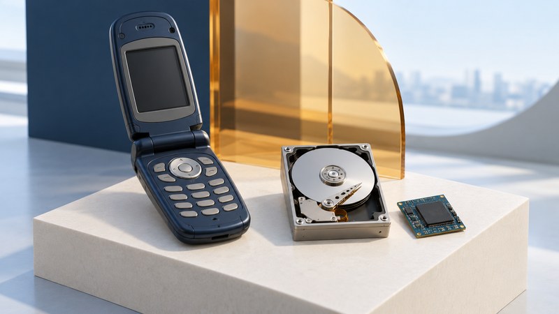 A conceptual early clamshell phone beside a separate miniature disk model and a memory-chip board on an ivory plinth.