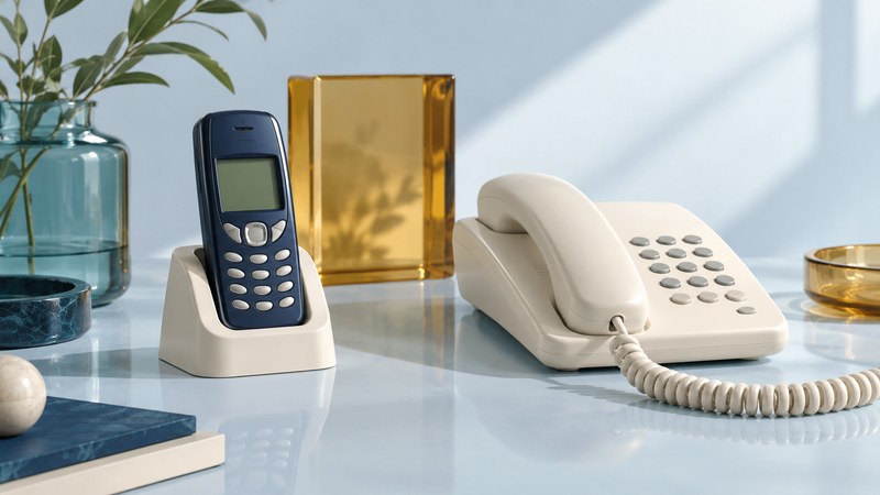 A candybar mobile phone in a desk cradle beside a separate corded home telephone.