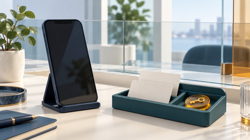 A navy phone beside blank account cards and an amber key token in a teal tray.