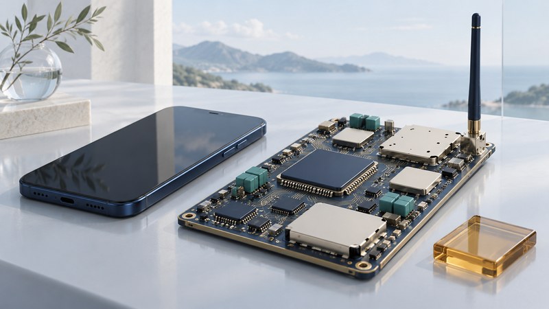 A navy smartphone beside an enlarged conceptual circuit board with chip blocks, filters, and an upright antenna.