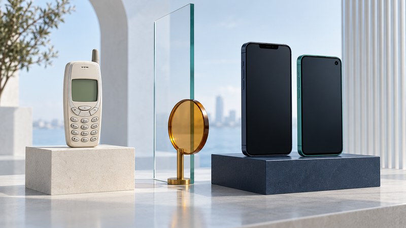 An older ivory keypad phone is separated from two modern smartphones by a clear glass panel.