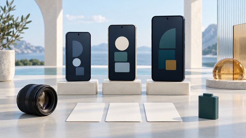 Three differently sized phones on ivory plinths beside a camera lens, blank comparison cards, and a teal battery-shaped block.