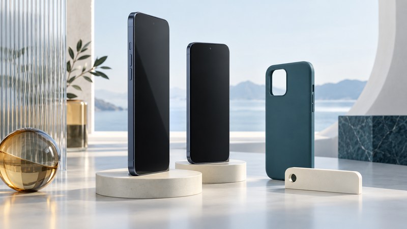 Two navy phones showing different proportions beside a teal case and a blank ivory measuring gauge.