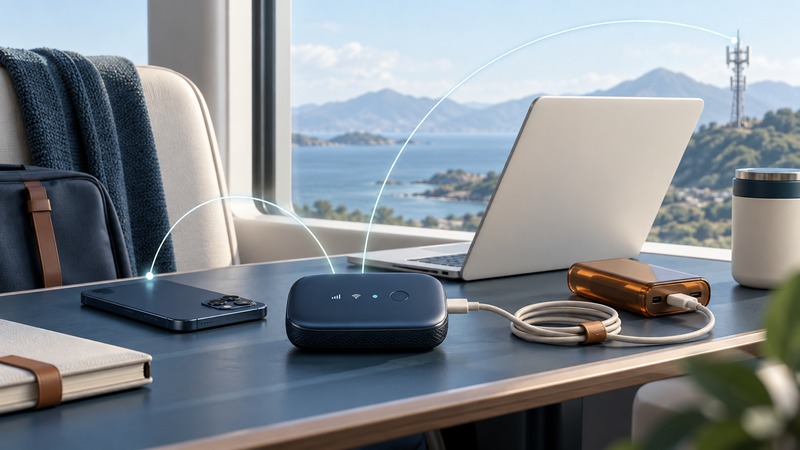 A navy portable hotspot, phone and ivory laptop sit beside an amber power bank with conceptual arcs toward a distant cellular mast.