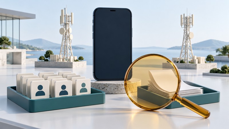 A blank navy smartphone stands beside ivory radio mast models and separate trays of customer tiles and receipt sheets.