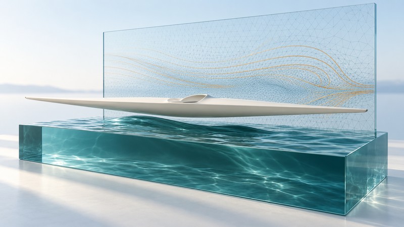 An imagined narrow rowing hull above a teal water block beside a glass mesh and conceptual flow lines.