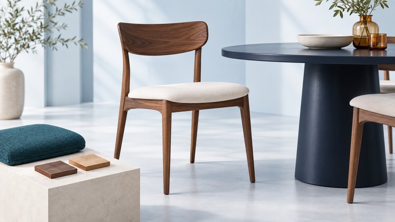 A walnut dining chair with an ivory seat stands beside a navy table, with upholstery and wood samples in front.