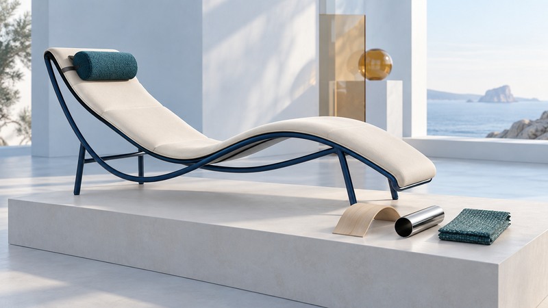 A conceptual ivory chaise with a navy frame and teal head cushion stands beside plywood, steel, and textile samples.