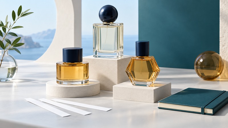 Three generic perfume bottles with amber liquid, scent strips and a notebook on an ivory display.