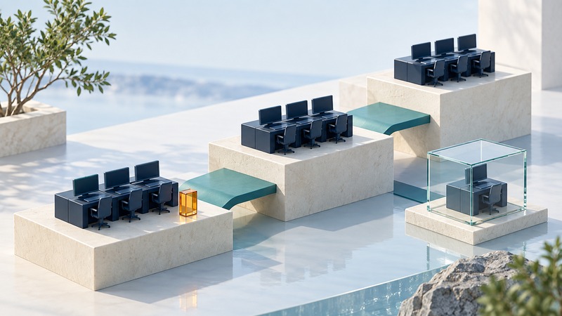 Three groups of miniature workstations occupy successive platforms with a separate protected reference workstation.
