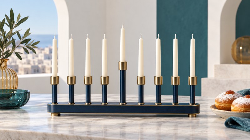 A Hanukkah lamp with eight equal-height candles and one raised central helper candle, beside doughnuts.